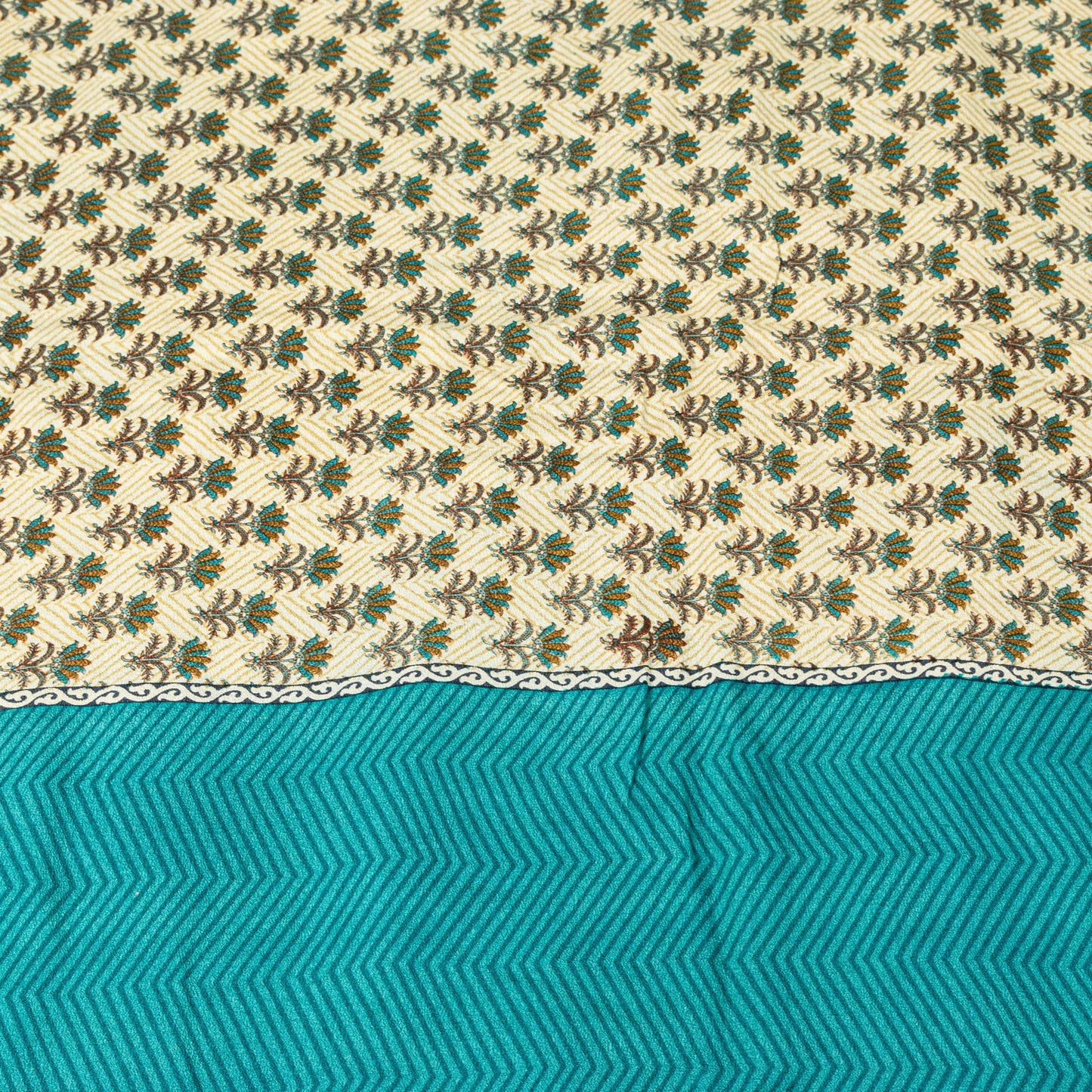 Sanskriti Vintage Sari White-Blue Soft Pure Crepe Floral Block Print Saree 5.5Yd