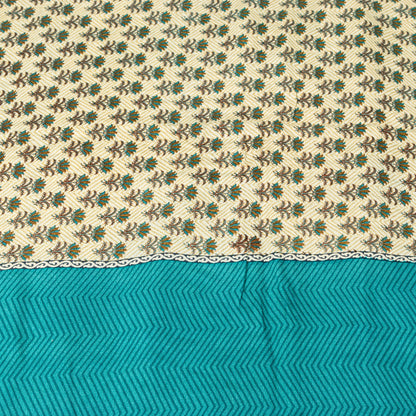 Sanskriti Vintage Sari White-Blue Soft Pure Crepe Floral Block Print Saree 5.5Yd