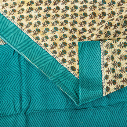Sanskriti Vintage Sari White-Blue Soft Pure Crepe Floral Block Print Saree 5.5Yd