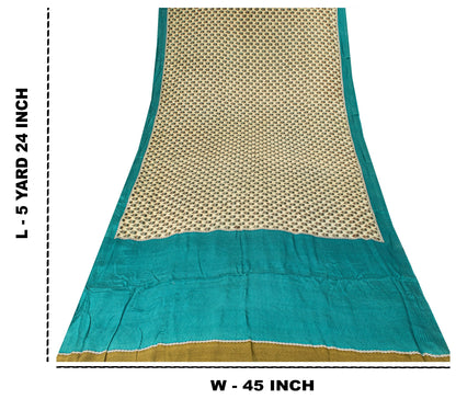 Sanskriti Vintage Sari White-Blue Soft Pure Crepe Floral Block Print Saree 5.5Yd