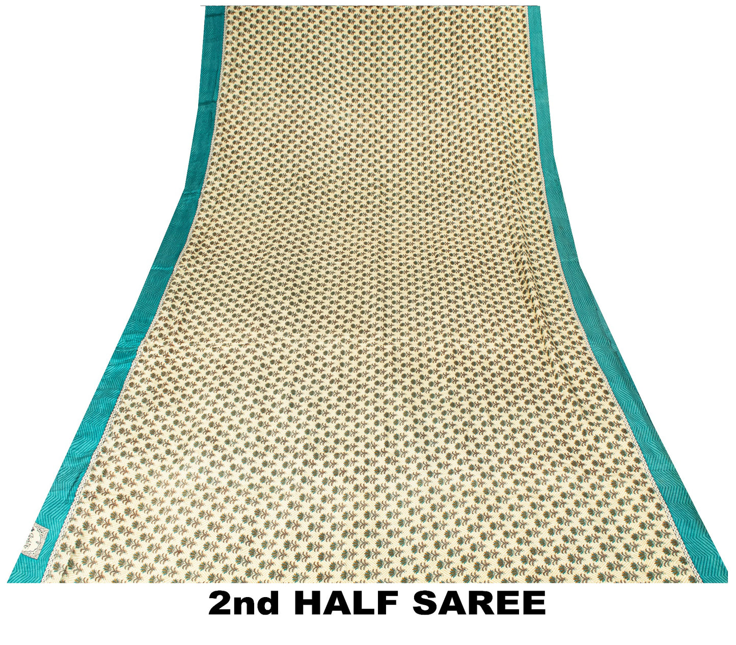 Sanskriti Vintage Sari White-Blue Soft Pure Crepe Floral Block Print Saree 5.5Yd