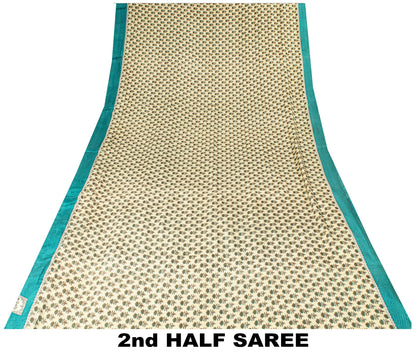 Sanskriti Vintage Sari White-Blue Soft Pure Crepe Floral Block Print Saree 5.5Yd