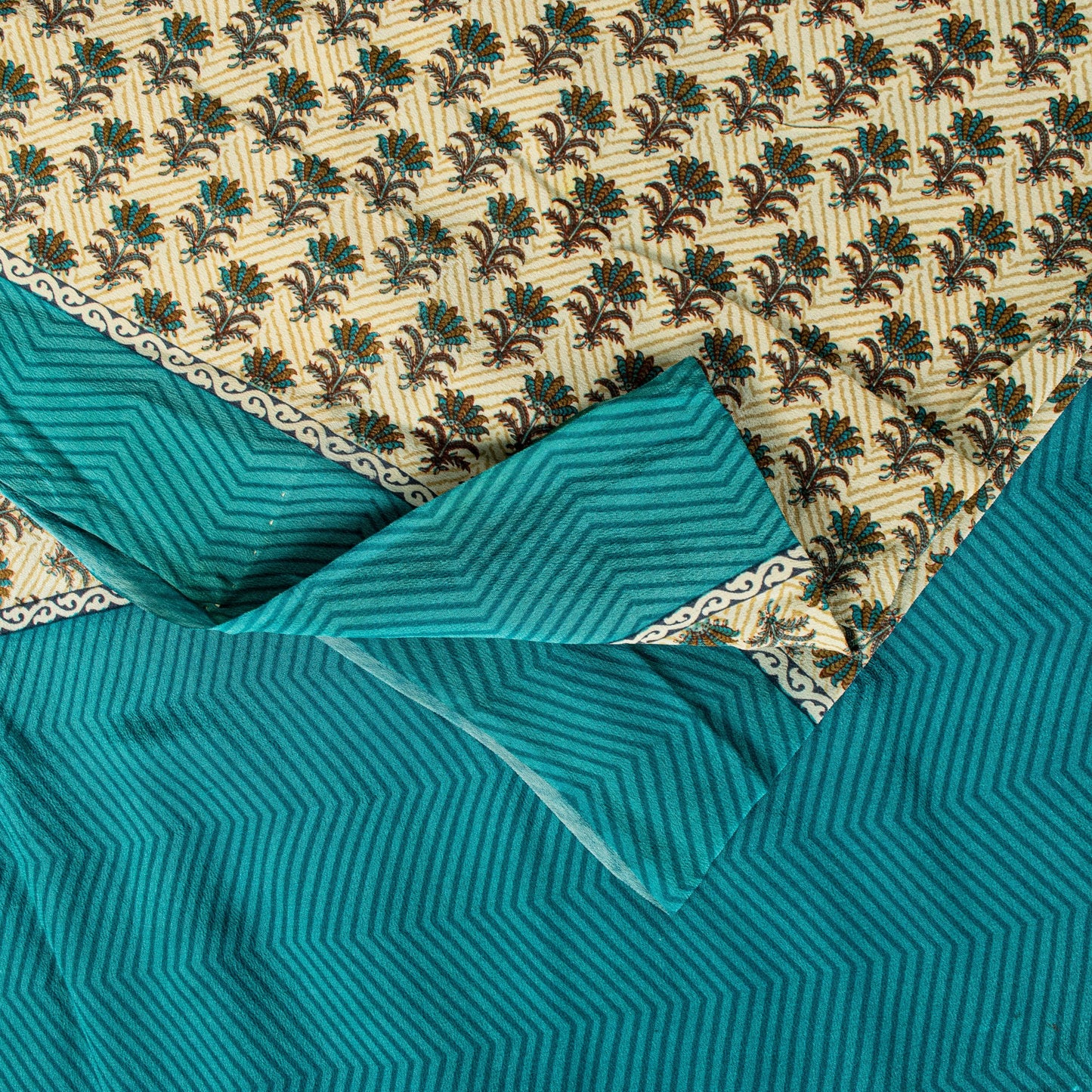 Sanskriti Vintage Sari White-Blue Soft Pure Crepe Floral Block Print Saree 5.5Yd