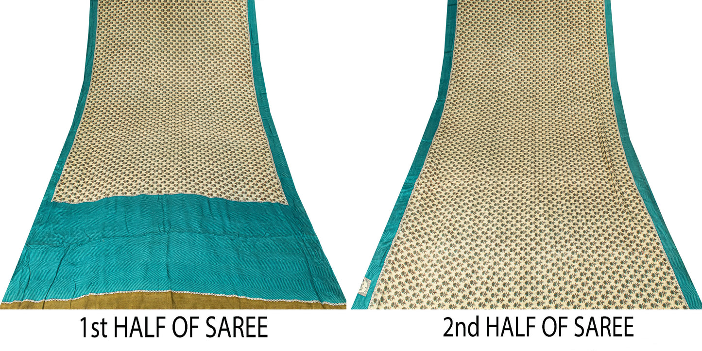 Sanskriti Vintage Sari White-Blue Soft Pure Crepe Floral Block Print Saree 5.5Yd