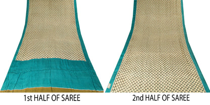 Sanskriti Vintage Sari White-Blue Soft Pure Crepe Floral Block Print Saree 5.5Yd