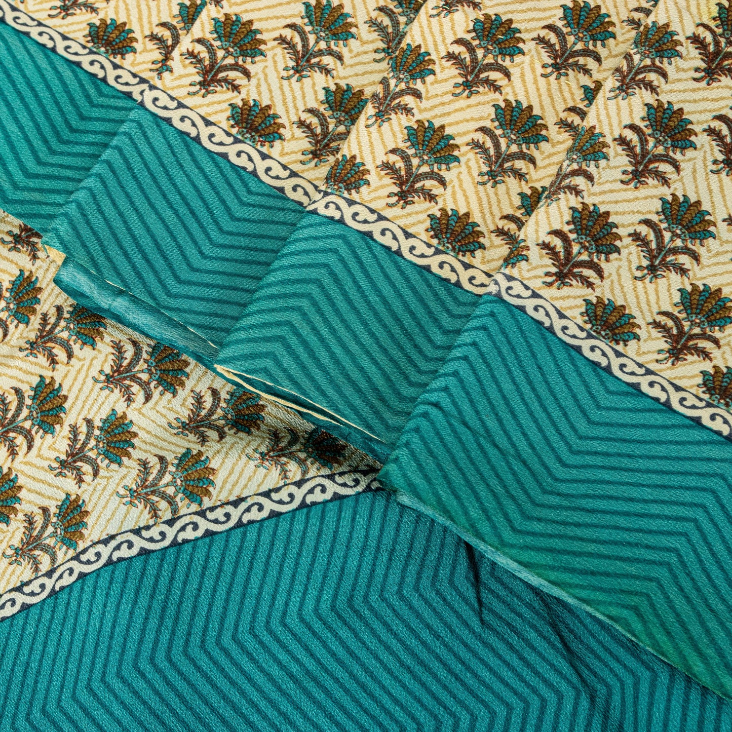 Sanskriti Vintage Sari White-Blue Soft Pure Crepe Floral Block Print Saree 5.5Yd