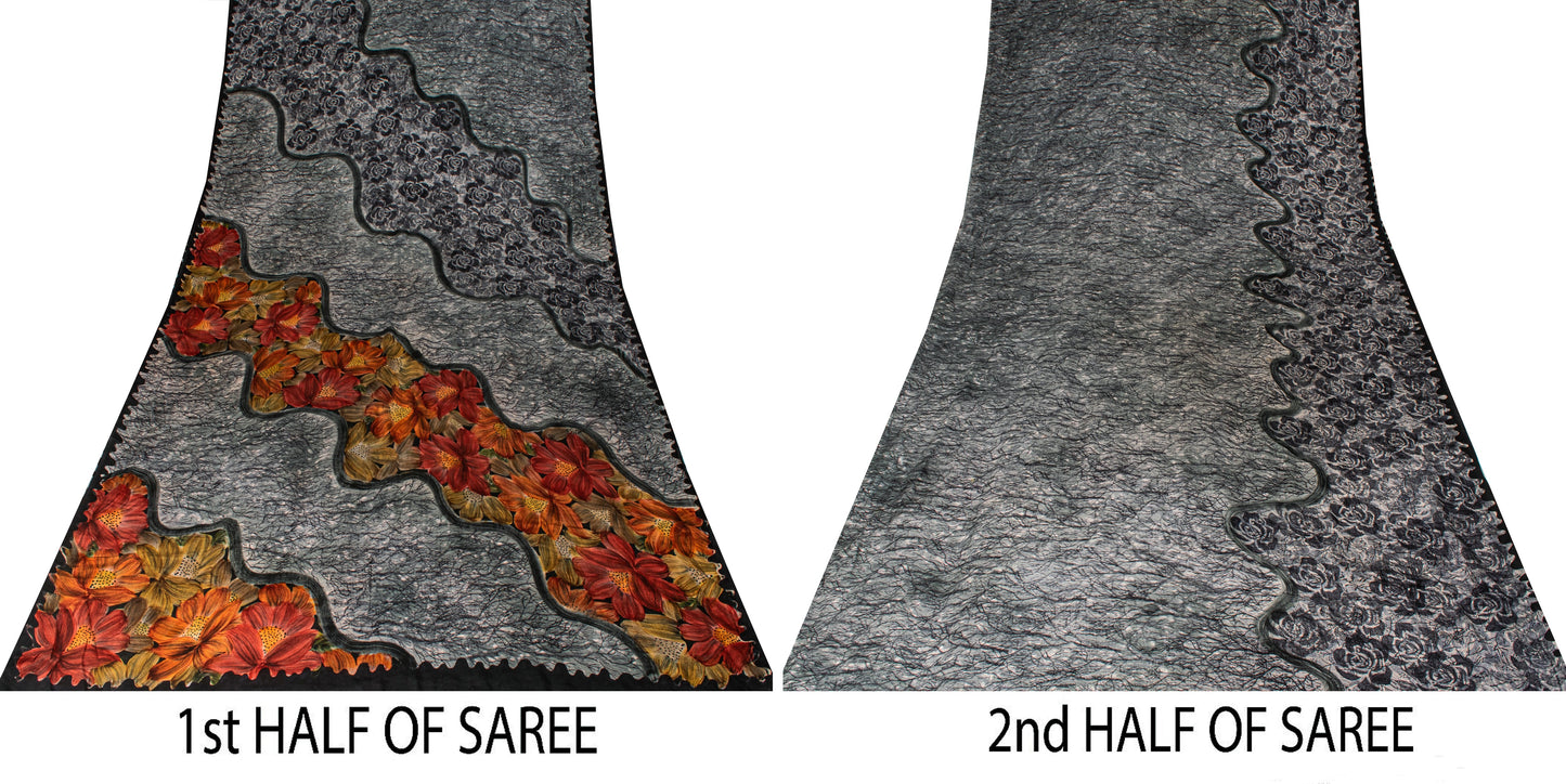 Sanskriti Vintage Grayish Black Sari Soft Pure Crepe Abstract Printed Saree 5 Yd