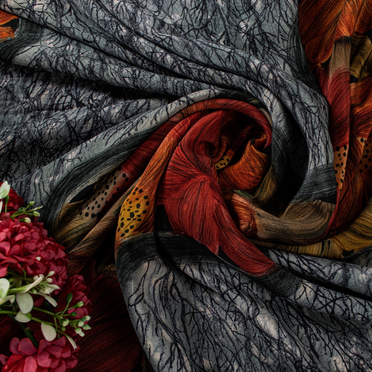 Sanskriti Vintage Grayish Black Sari Soft Pure Crepe Abstract Printed Saree 5 Yd