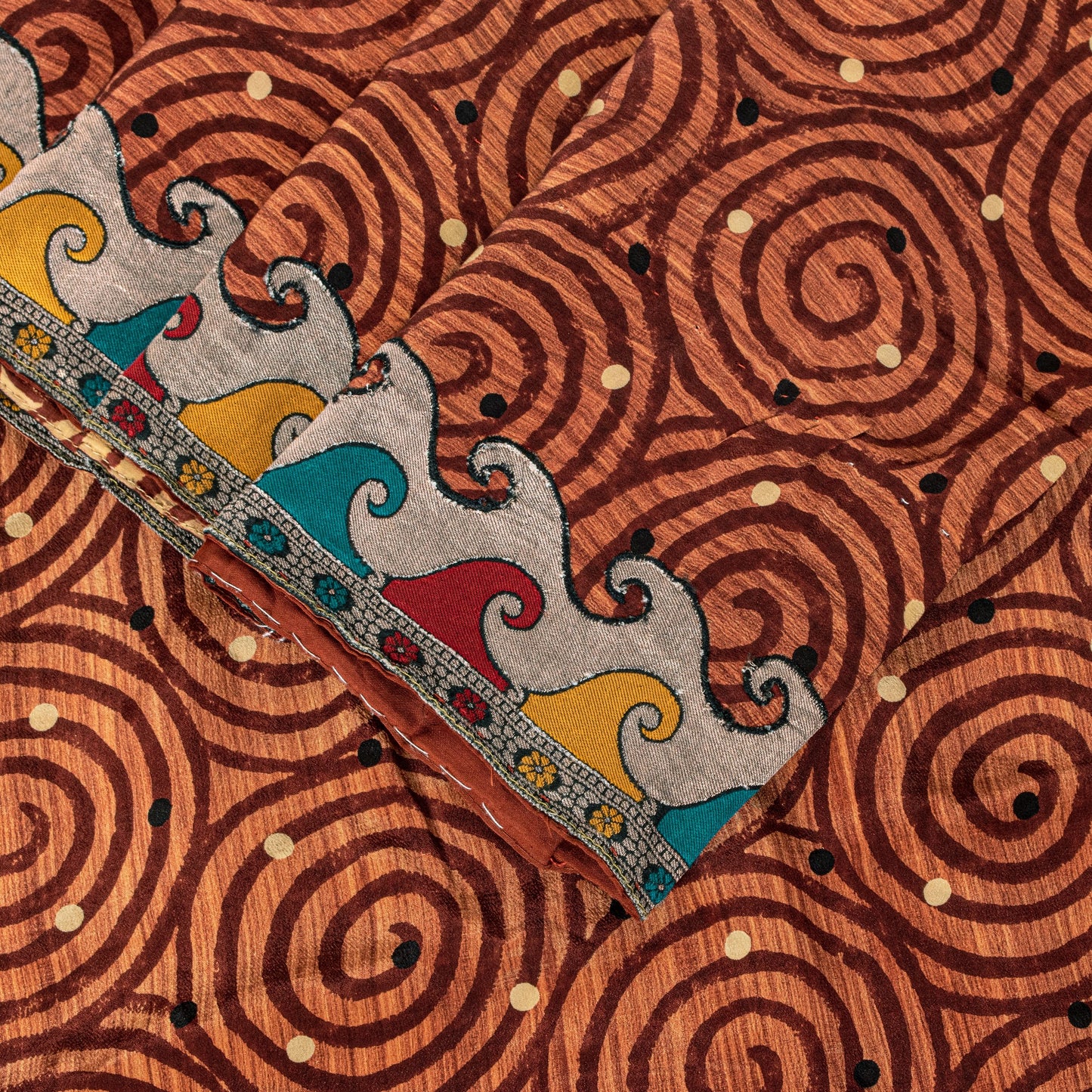 Sanskriti Vintage Orange Sari Pure Crepe Silk Swirling Circular Print Saree 6 Yd