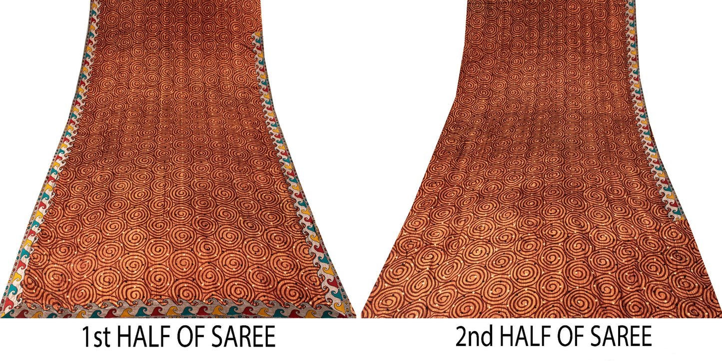 Sanskriti Vintage Orange Sari Pure Crepe Silk Swirling Circular Print Saree 6 Yd