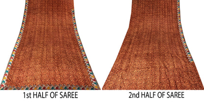 Sanskriti Vintage Orange Sari Pure Crepe Silk Swirling Circular Print Saree 6 Yd