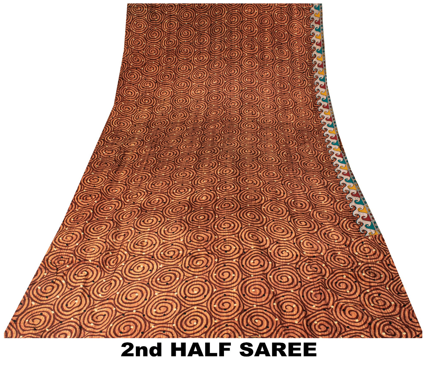 Sanskriti Vintage Orange Sari Pure Crepe Silk Swirling Circular Print Saree 6 Yd