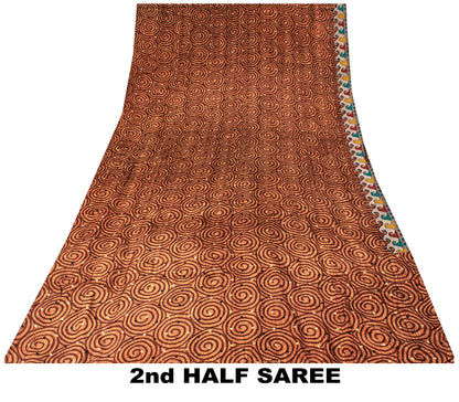 Sanskriti Vintage Orange Sari Pure Crepe Silk Swirling Circular Print Saree 6 Yd