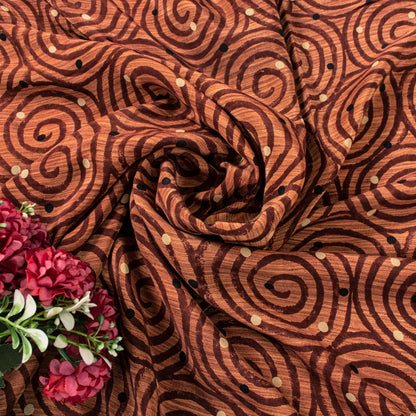 Sanskriti Vintage Orange Sari Pure Crepe Silk Swirling Circular Print Saree 6 Yd