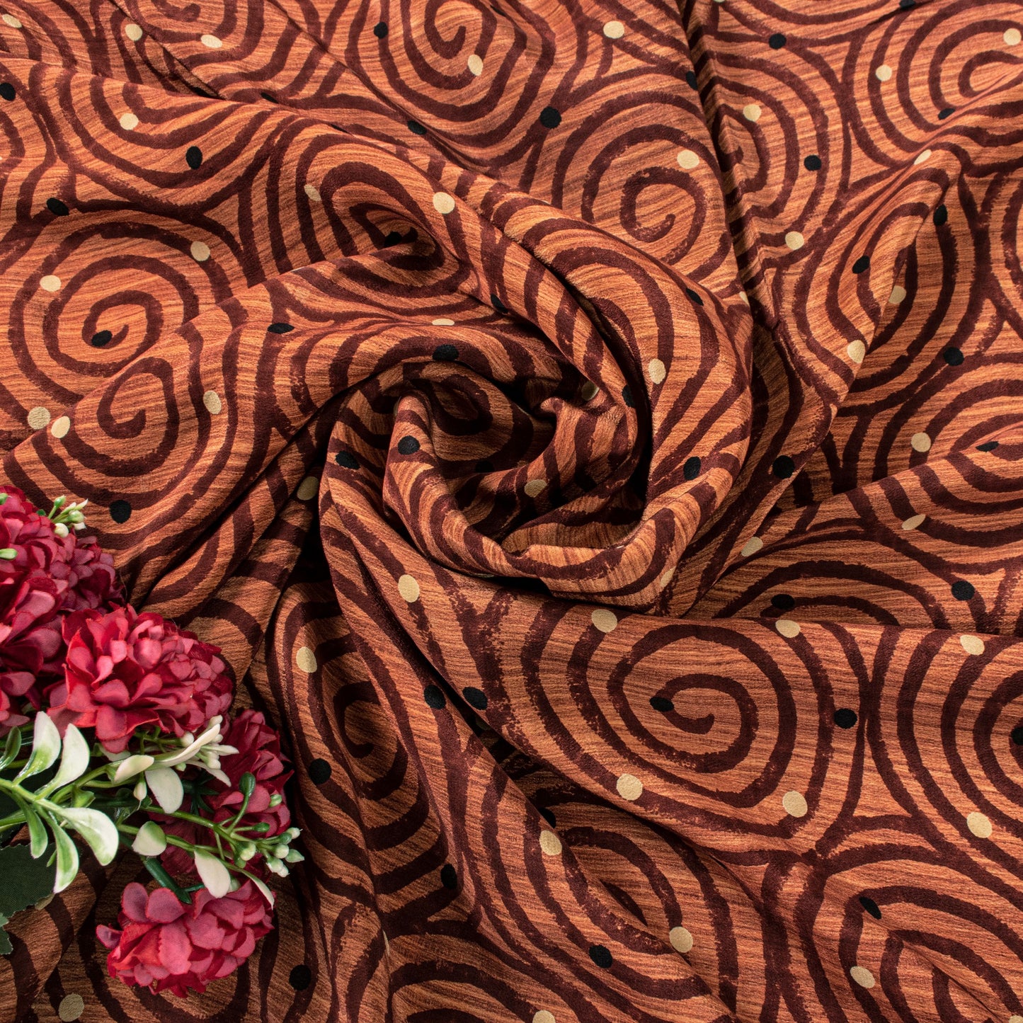 Sanskriti Vintage Orange Sari Pure Crepe Silk Swirling Circular Print Saree 6 Yd