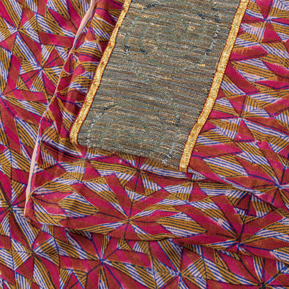 Sanskriti Vintage Red Soft Pure Crepe Sari Digital Printed Gota Lace Saree 5+Yd