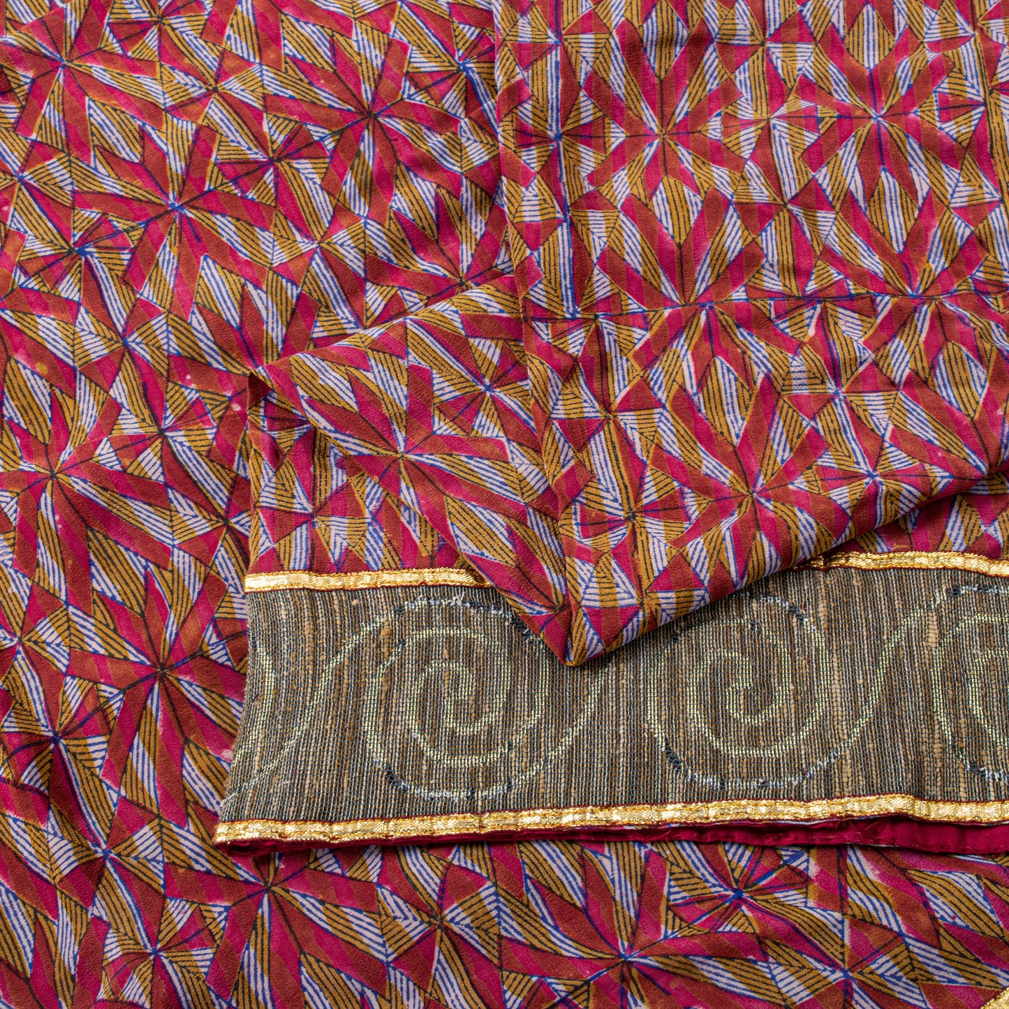 Sanskriti Vintage Red Soft Pure Crepe Sari Digital Printed Gota Lace Saree 5+Yd