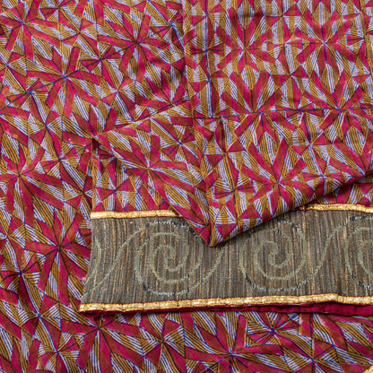 Sanskriti Vintage Red Soft Pure Crepe Sari Digital Printed Gota Lace Saree 5+Yd