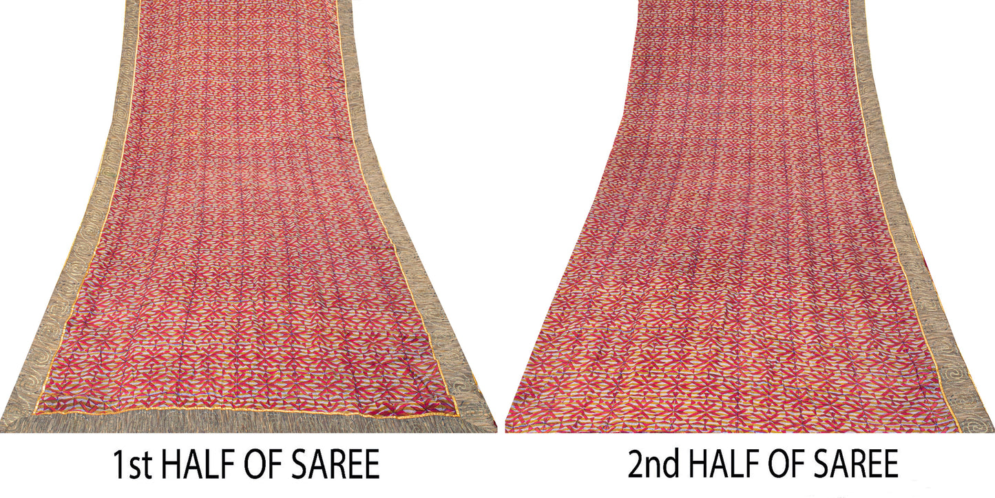 Sanskriti Vintage Red Soft Pure Crepe Sari Digital Printed Gota Lace Saree 5+Yd