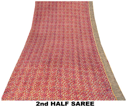 Sanskriti Vintage Red Soft Pure Crepe Sari Digital Printed Gota Lace Saree 5+Yd