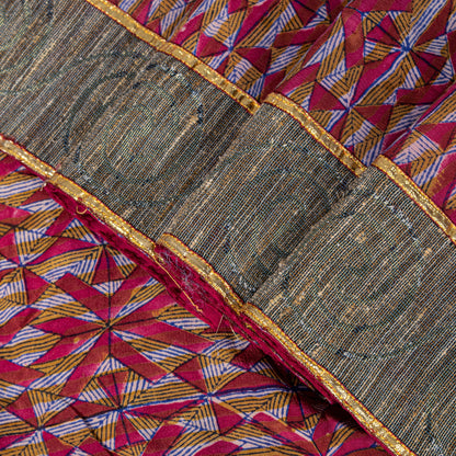 Sanskriti Vintage Red Soft Pure Crepe Sari Digital Printed Gota Lace Saree 5+Yd