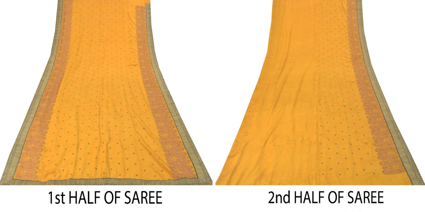 Sanskriti Vintage Soft Yellow Pure Crepe Silk Sari Embroidered Print Saree 5.5Yd
