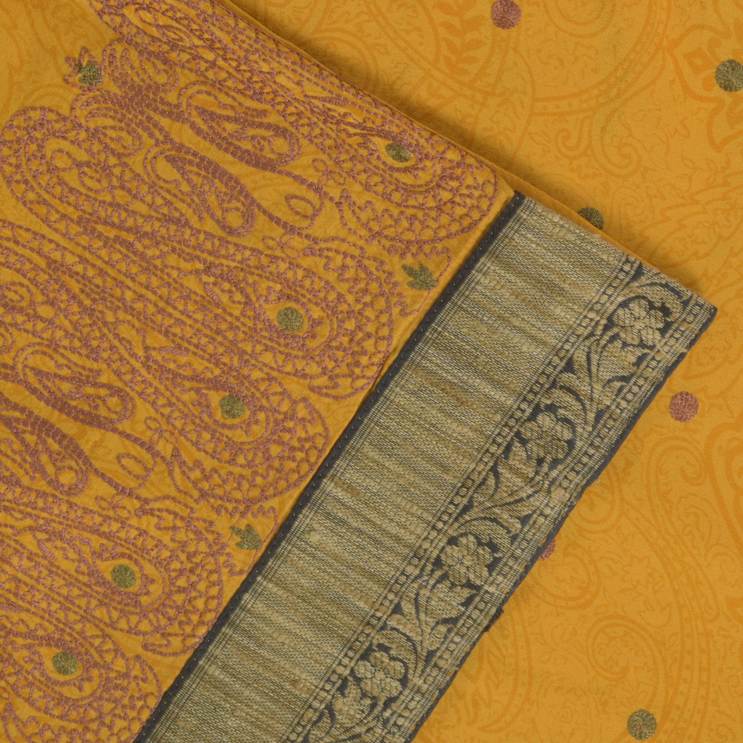 Sanskriti Vintage Soft Yellow Pure Crepe Silk Sari Embroidered Print Saree 5.5Yd