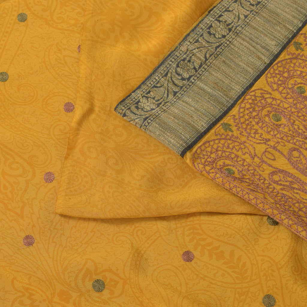 Sanskriti Vintage Soft Yellow Pure Crepe Silk Sari Embroidered Print Saree 5.5Yd