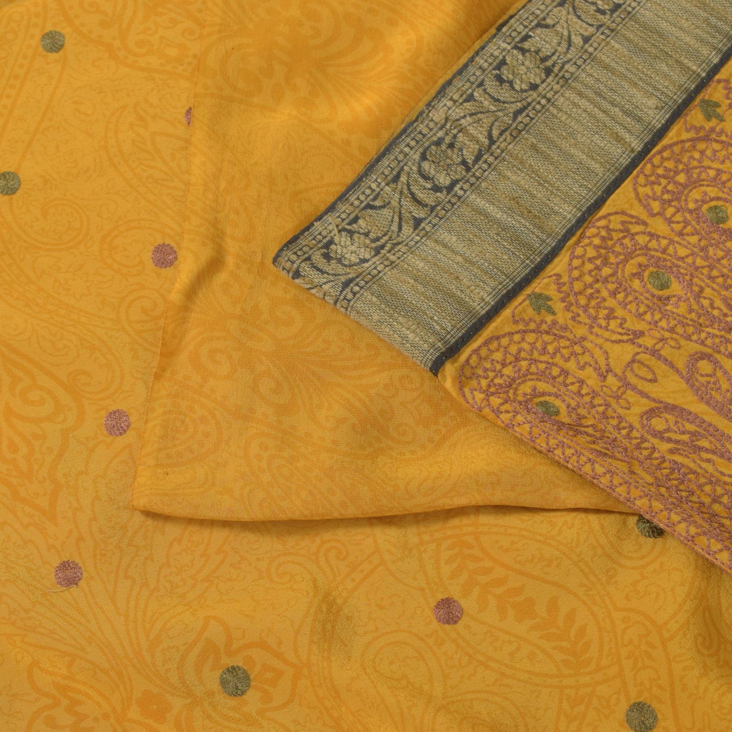Sanskriti Vintage Soft Yellow Pure Crepe Silk Sari Embroidered Print Saree 5.5Yd