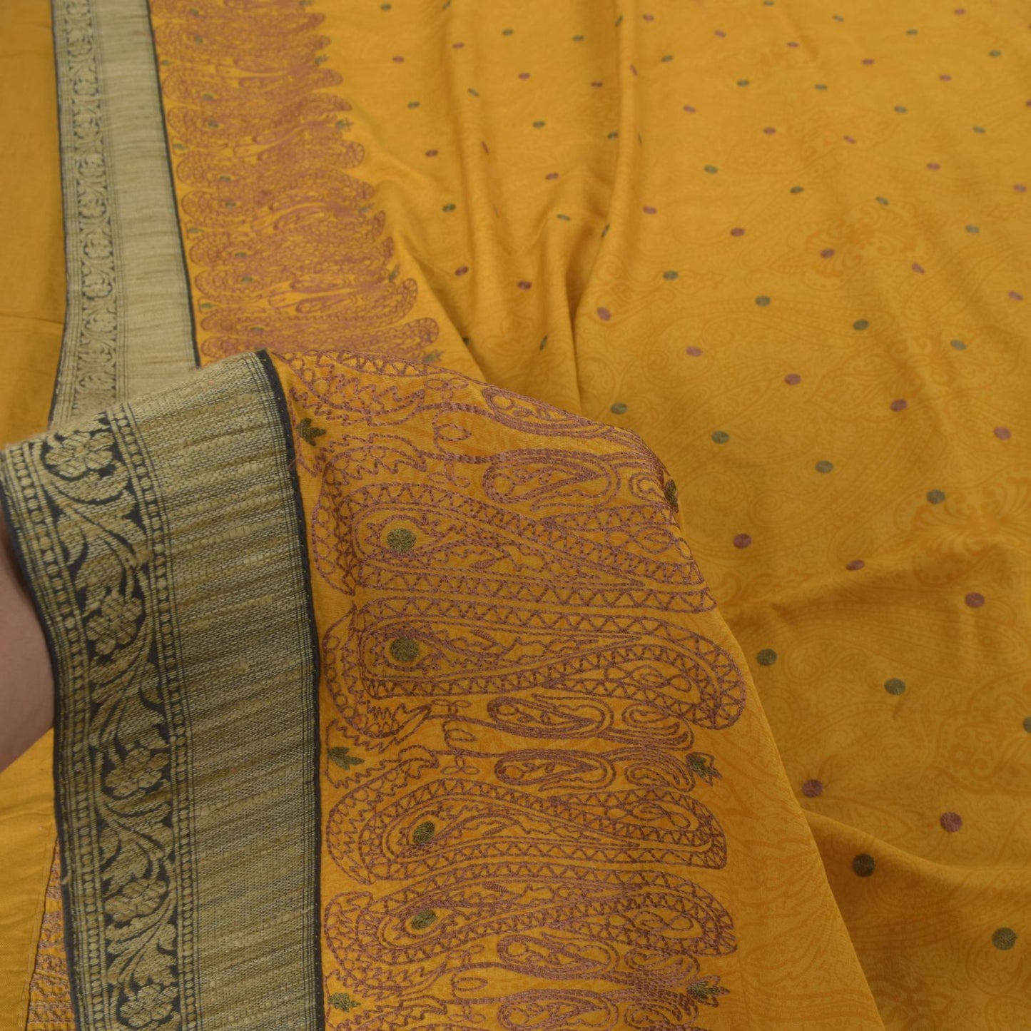 Sanskriti Vintage Soft Yellow Pure Crepe Silk Sari Embroidered Print Saree 5.5Yd