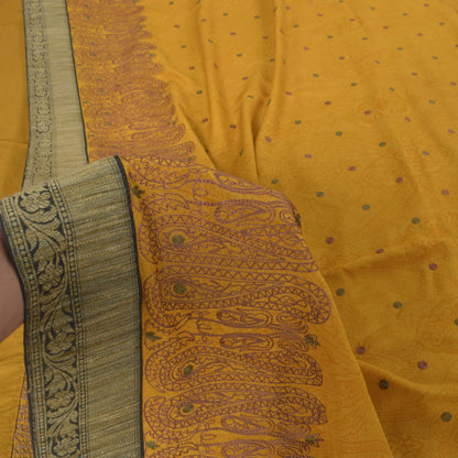 Sanskriti Vintage Soft Yellow Pure Crepe Silk Sari Embroidered Print Saree 5.5Yd
