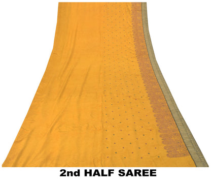 Sanskriti Vintage Soft Yellow Pure Crepe Silk Sari Embroidered Print Saree 5.5Yd