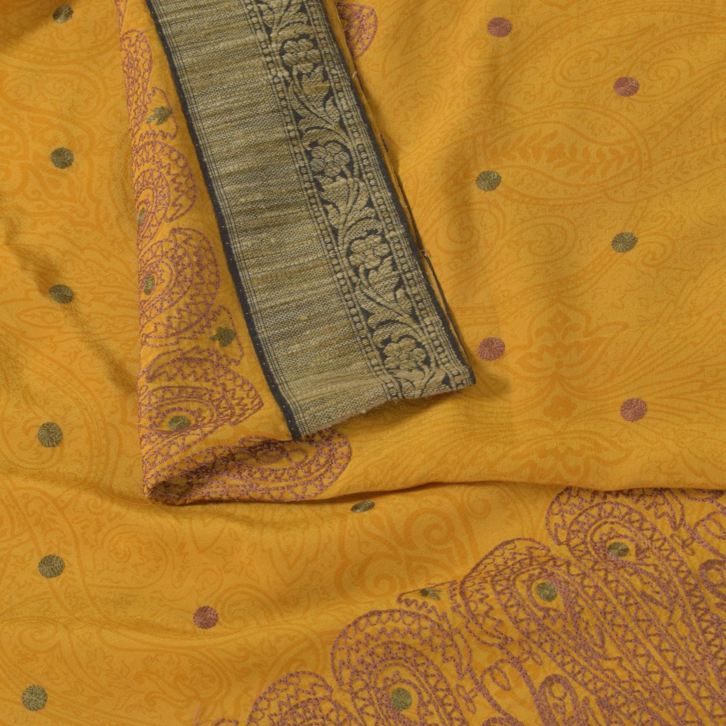 Sanskriti Vintage Soft Yellow Pure Crepe Silk Sari Embroidered Print Saree 5.5Yd