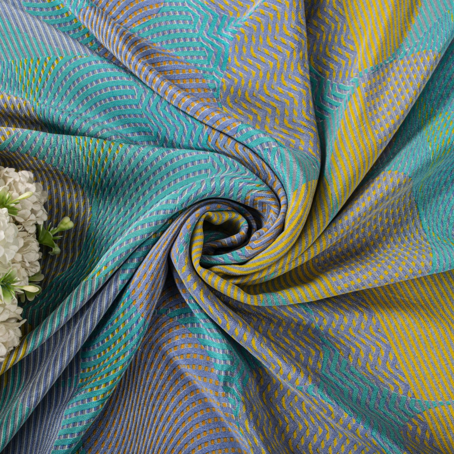 Sanskriti Vintage Saree Blue Pure Crepe Print Geometric Wave Sari 5.5Yard Fabric