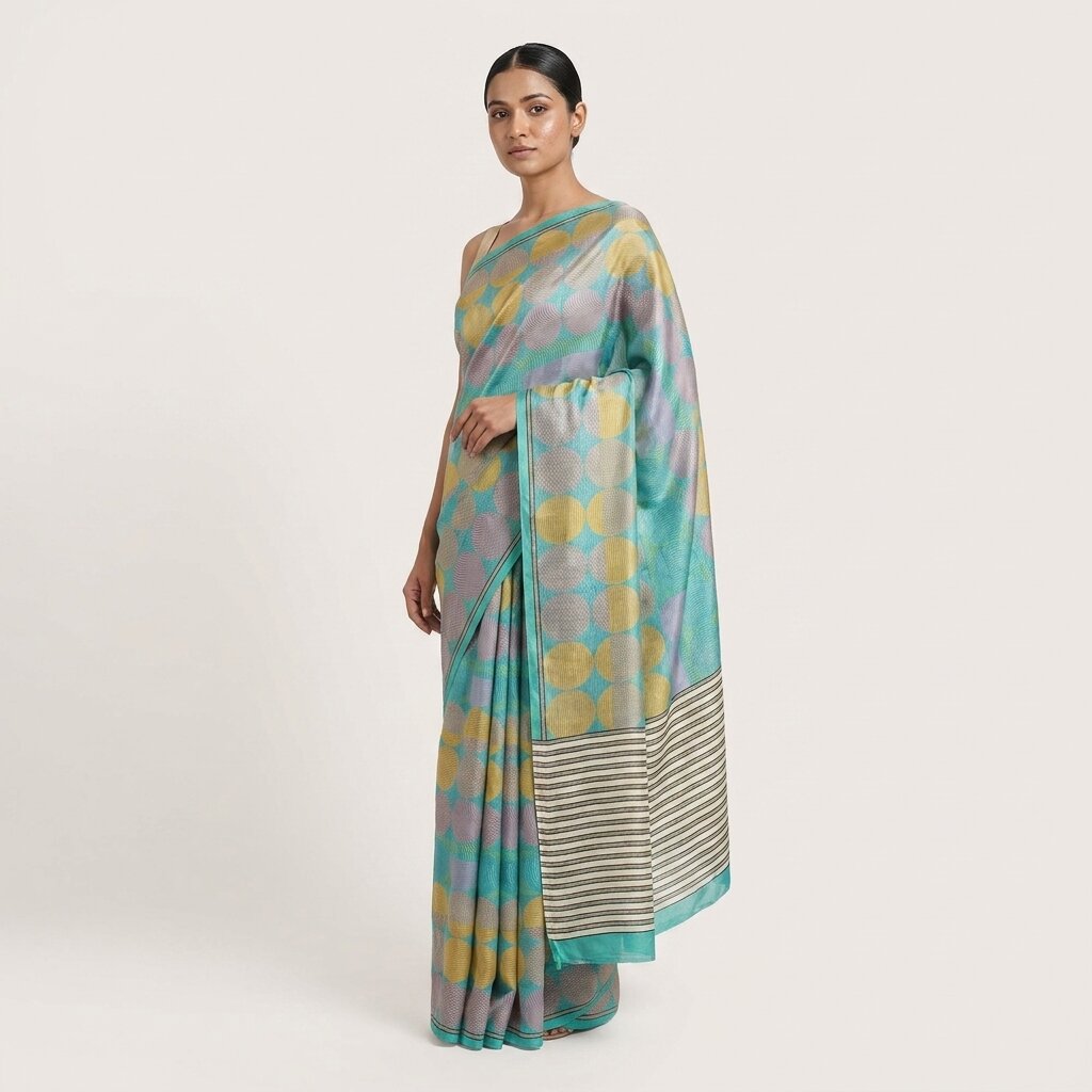 Sanskriti Vintage Saree Blue Pure Crepe Print Geometric Wave Sari 5.5Yard Fabric