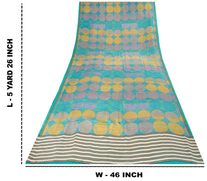 Sanskriti Vintage Saree Blue Pure Crepe Print Geometric Wave Sari 5.5Yard Fabric