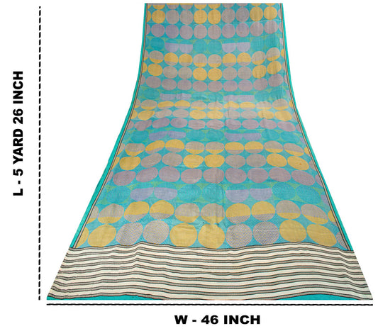 Sanskriti Vintage Saree Blue Pure Crepe Print Geometric Wave Sari 5.5Yard Fabric