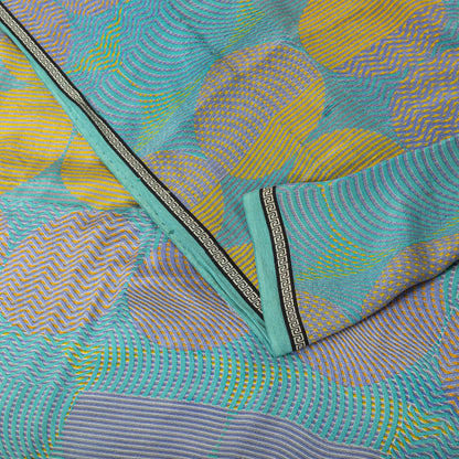 Sanskriti Vintage Saree Blue Pure Crepe Print Geometric Wave Sari 5.5Yard Fabric