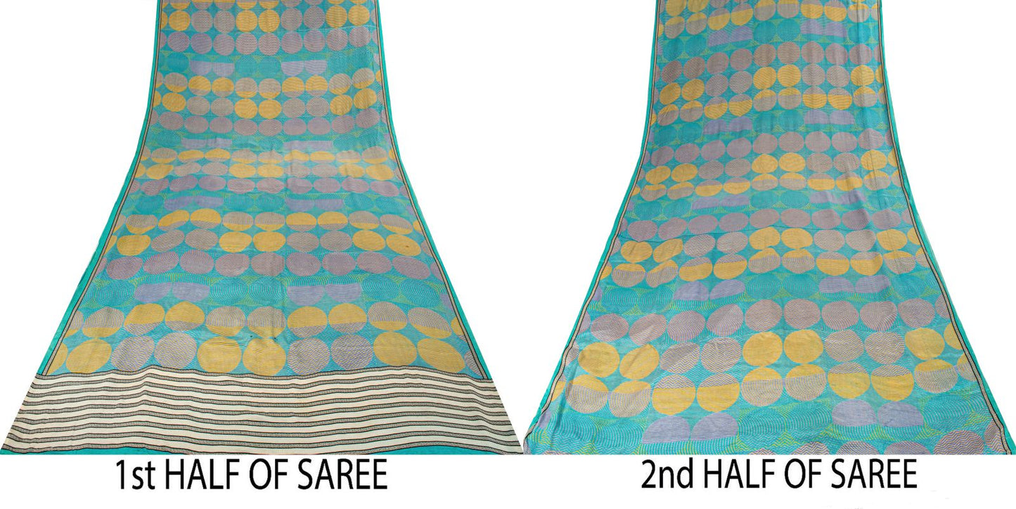 Sanskriti Vintage Saree Blue Pure Crepe Print Geometric Wave Sari 5.5Yard Fabric