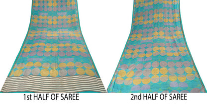 Sanskriti Vintage Saree Blue Pure Crepe Print Geometric Wave Sari 5.5Yard Fabric