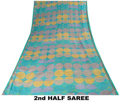 Sanskriti Vintage Saree Blue Pure Crepe Print Geometric Wave Sari 5.5Yard Fabric