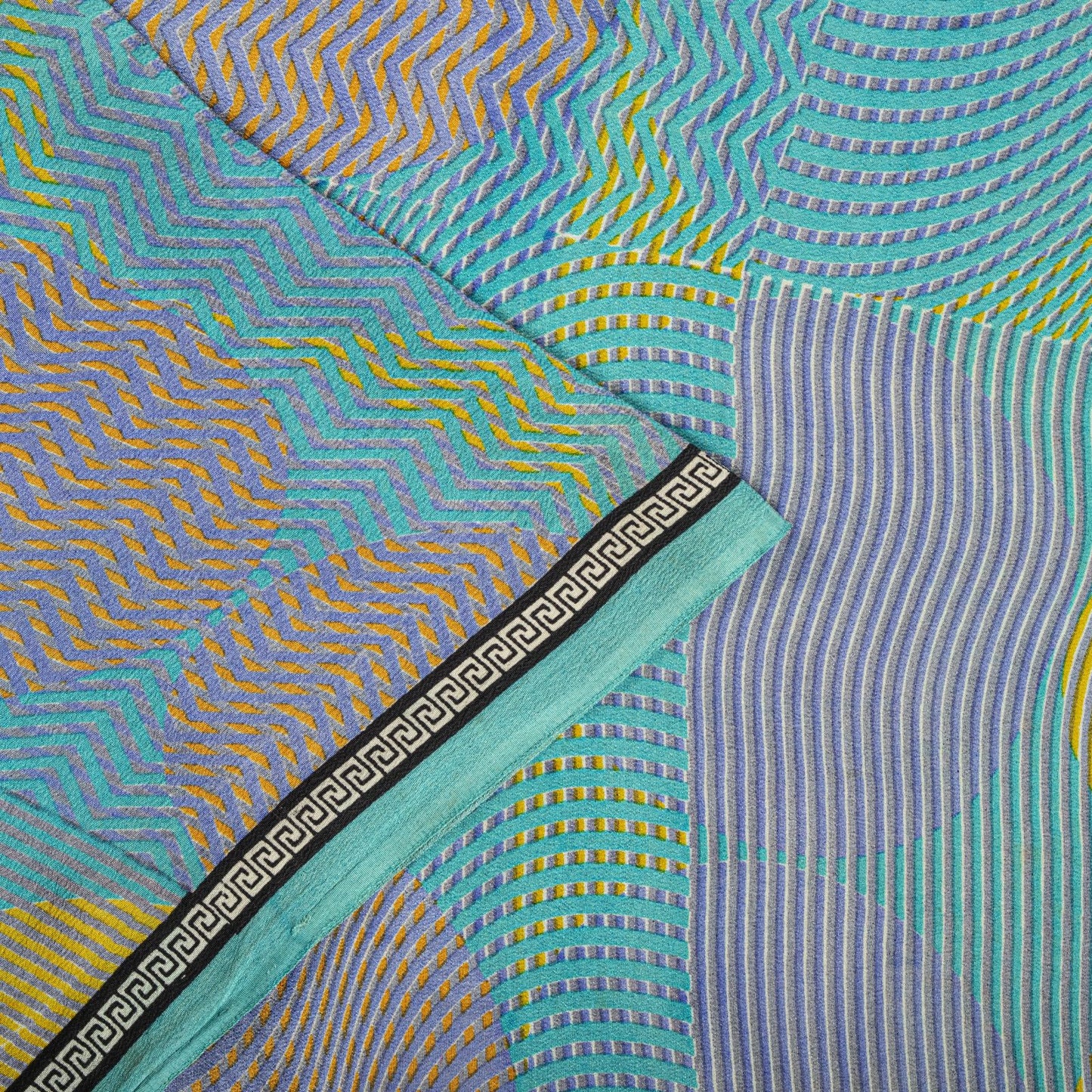 Sanskriti Vintage Saree Blue Pure Crepe Print Geometric Wave Sari 5.5Yard Fabric