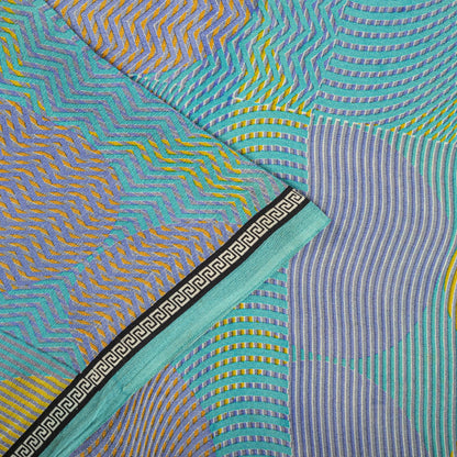 Sanskriti Vintage Saree Blue Pure Crepe Print Geometric Wave Sari 5.5Yard Fabric