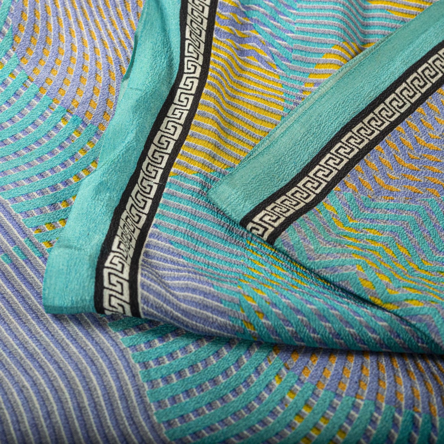 Sanskriti Vintage Saree Blue Pure Crepe Print Geometric Wave Sari 5.5Yard Fabric