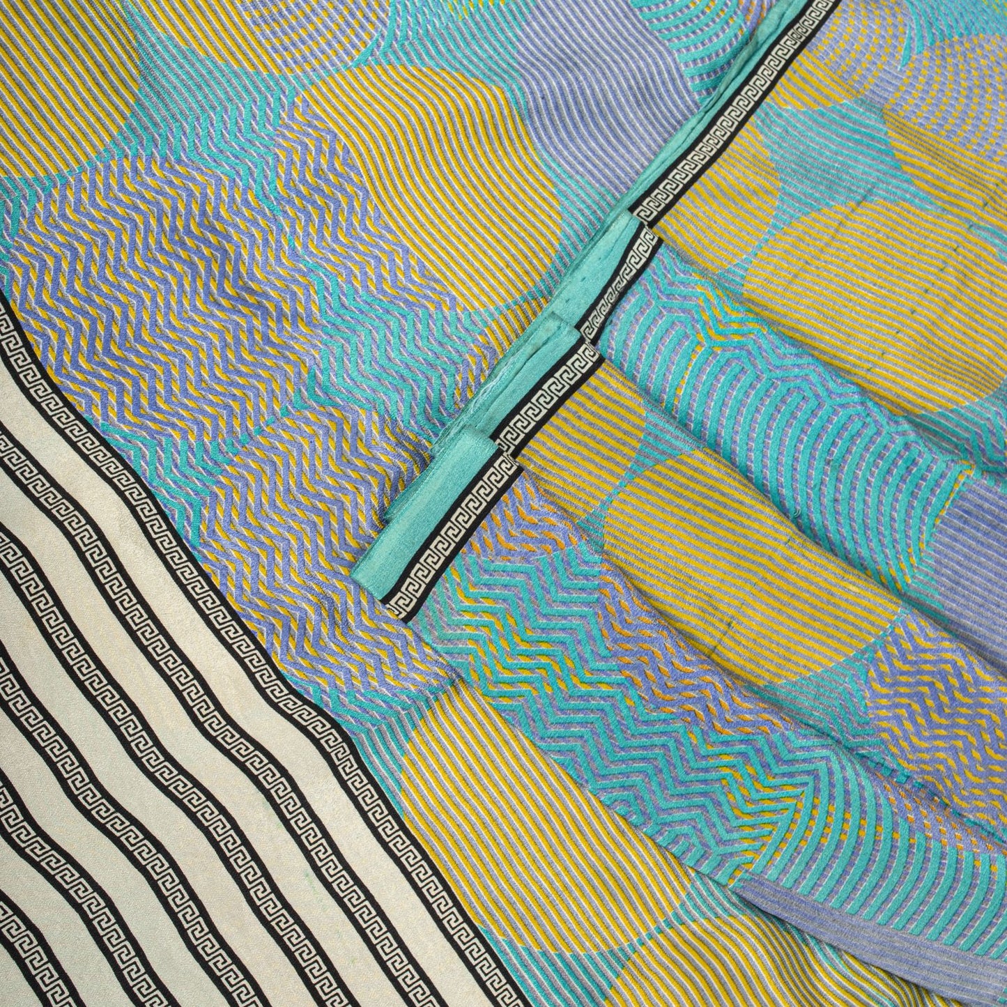 Sanskriti Vintage Saree Blue Pure Crepe Print Geometric Wave Sari 5.5Yard Fabric