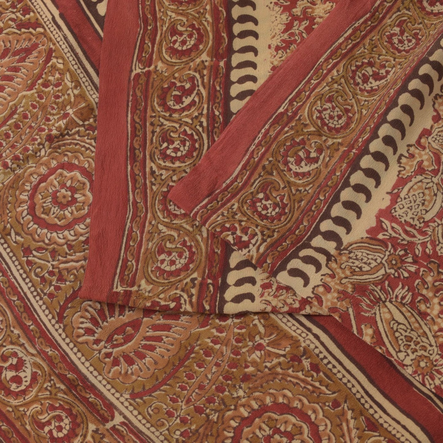 Sanskriti Vintage Soft Red Pure Crepe Sari Handblock Kalamkari Print Saree 5.5Yd