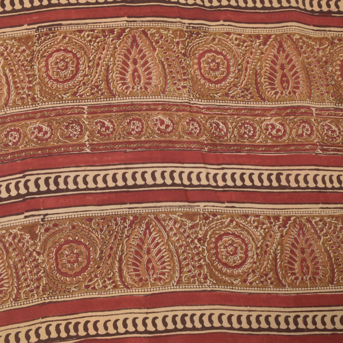 Sanskriti Vintage Soft Red Pure Crepe Sari Handblock Kalamkari Print Saree 5.5Yd