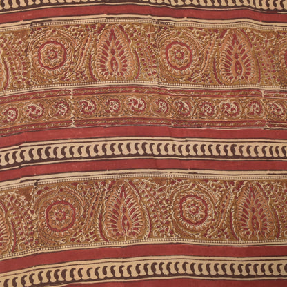 Sanskriti Vintage Soft Red Pure Crepe Sari Handblock Kalamkari Print Saree 5.5Yd