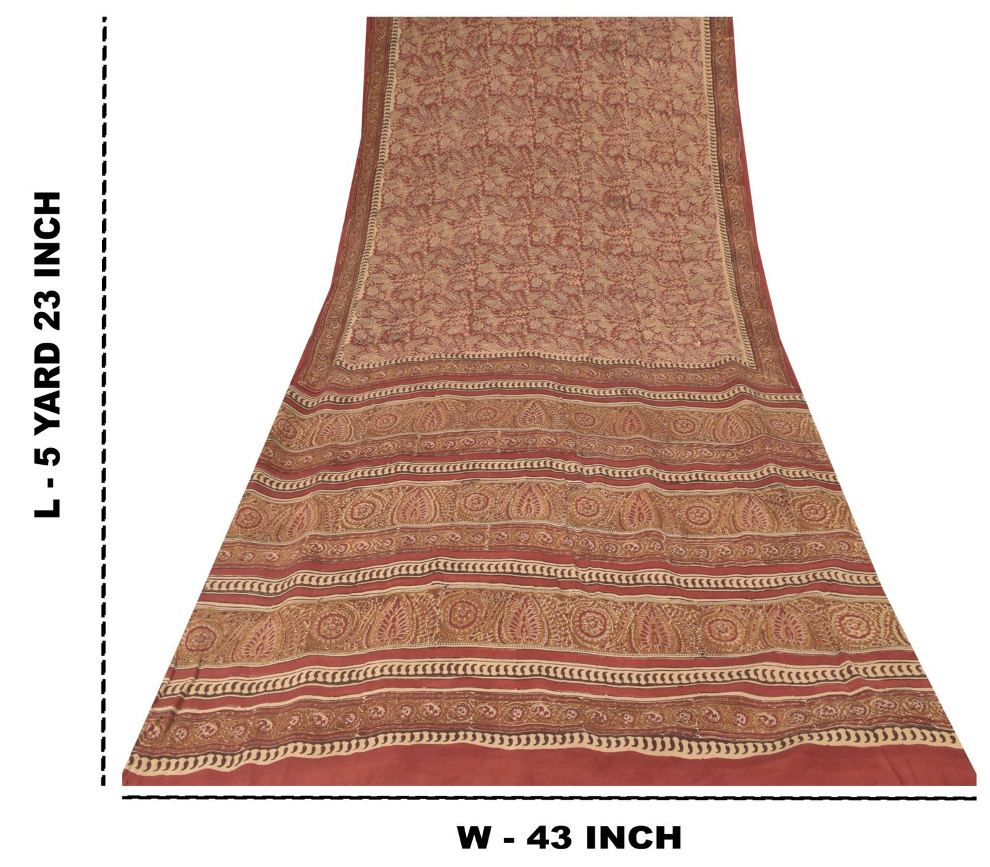 Sanskriti Vintage Soft Red Pure Crepe Sari Handblock Kalamkari Print Saree 5.5Yd