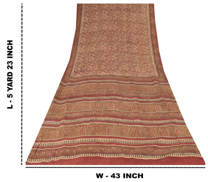 Sanskriti Vintage Soft Red Pure Crepe Sari Handblock Kalamkari Print Saree 5.5Yd